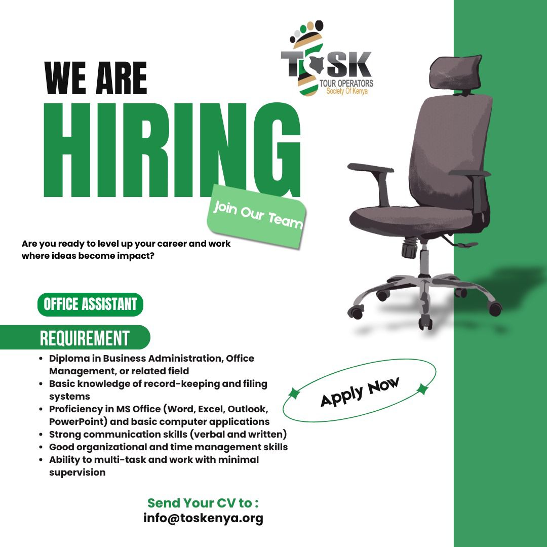 ToskKenya's tweet image. TOSK Kenya is seeking a dynamic Office Assistant to join our team.

Send your CV: info@toskenya.org

#TOSK #WeAreHiring