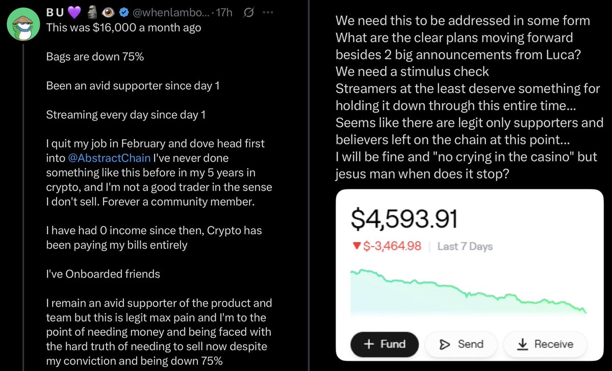 beaniemaxi's tweet image. Crypto bro with no savings quits his job to stream full time. It hasn’t worked out well. Now he’s demanding an immediate “stimulus check” from Abstract.