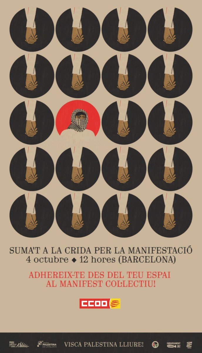 Dissabte 4 d’octubre · 12 h · Jardinets de Gràcia, Barcelona
Aturem el comerç d’armes amb Israel i posem fi a les relacions.
Delegades de <a href="/CCOOsanitat/">CCOOsanitat</a>
també hi anem . 
T'hi afegeixes?