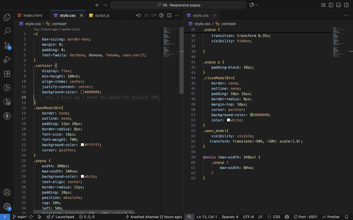 ArashadAhamad10's tweet image. Post2:
Day 138 of #200DaysOfCode
🚀 Built a Responsive Popup Modal
🛠 HTML, CSS & JavaScript
📱 Fully responsive and mobile-friendly
🎯 Features: Open/close with JS toggle
#Frontend #WebDevelopment #HTML #CSS #JavaScript #CodingJourney #WebDev #100DaysOfCode
