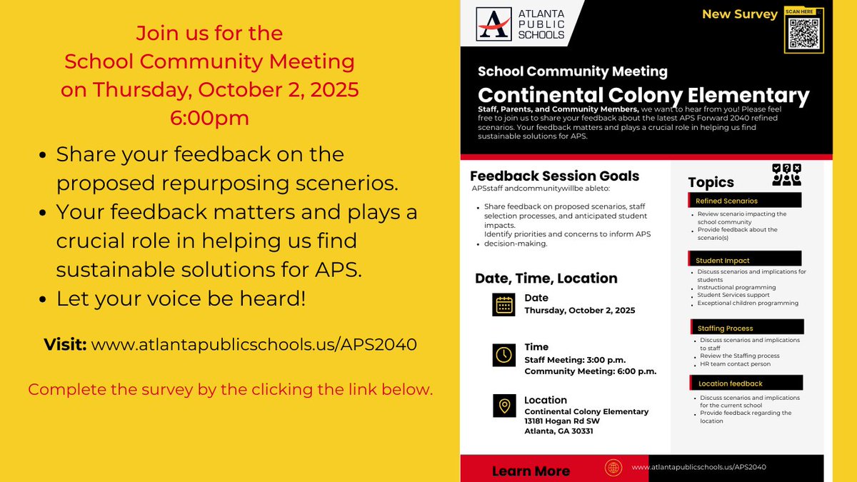 APS_CCES's tweet photo. CCES Family &amp; Community Members, we want to hear from you! Please join us to share your feedback about the APS Forward 2040 refined scenarios. Thursday, October 2, 2025 at Continental Colony Elementary School, 6:00PM. Complete the survey: https://t.co/mNIzKo9RYS
 @ccespanthers https://t.co/NrG7qnOCBf