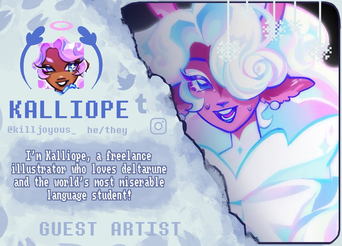 Today's guest artist is <a href="/Killjoyous_/">Jack-o-lliope 🎃</a> , who is participating as a page artist! Wow, that hair is stunning .. I hope his language studies go well though…

[ #DELTARUNE #FANZINE ]