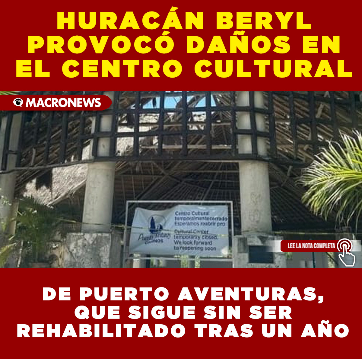 macronews's tweet image. 📢 A un año del huracán Beryl, el Centro Cultural de Puerto Aventuras sigue dañado. Vecinos piden apoyo para su rehabilitación 🙏
#PuertoAventuras #Cultura #HuracánBeryl 
 macronews.mx/quintana-roo/h…