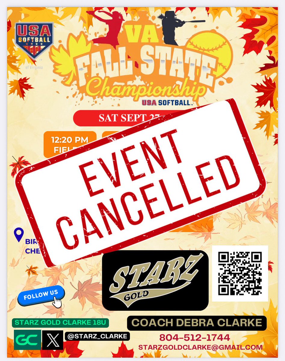 Due to impending weather, Richmond this weekend is canceled. <a href="/Starz_Clarke/">Starz Gold Clarke</a> <a href="/StarzGold/">StarzGold</a> <a href="/CoachKeithParr/">Keith Parr</a> <a href="/CNUSoftball/">CNU Softball- 2022 National Champions</a>