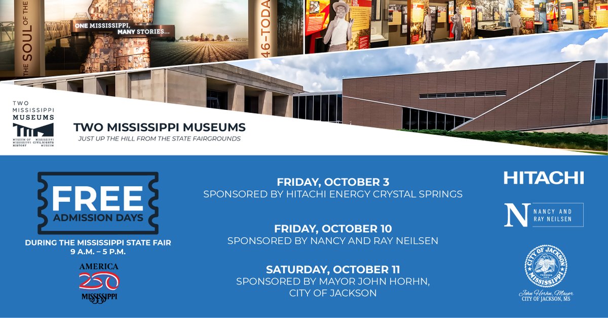 Multiple sponsors will provide free admission to the Two Mississippi Museums during the Mississippi State Fair! Read more at bit.ly/4mzWA48.