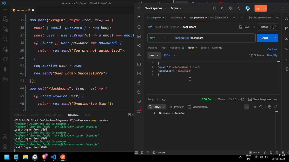 iamlokendranath's tweet image. ✅ Days 102 &amp;amp; 103 of #100DaysOfCode

Leveled up my backend skills with Express.js! 🚀

➤ Mastered Auth: Sessions ✅ &amp;amp; JWT 🔑
➤ Built secure RESTful APIs
➤ Professional project scaffolding
➤ Robust error handling

#ExpressJS #WebDevelopment #NodeJS #Programming #DevJourney