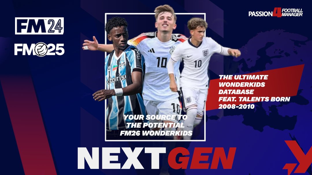 Passion4FM's tweet image. Meet some of the best young talents coming to Football Manager 26! 😍

Here we bring you 20+ potential wonderkids for #FM26 Wonderkids that you need to sign in your first FM26 Save!

From &apos;hidden&apos; young gems to future global superstars we bring you some of the new wonderkids and…