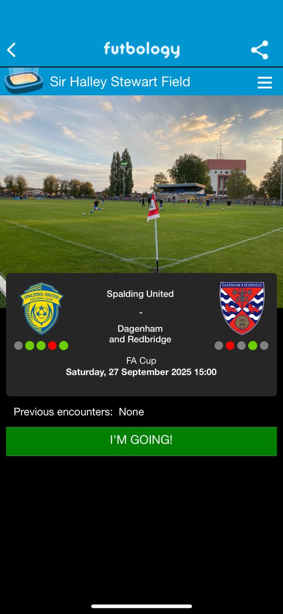 My next football match that I’ll be attending for my YouTube channel is:

<a href="/SpaldingUnited/">Spalding United FC</a> vs <a href="/Dag_RedFC/">Dagenham & Redbridge</a>  in the Third round Qualifying of the <a href="/EmiratesFACup/">Emirates FA Cup</a> 

<a href="/LincolnshireFA/">Lincolnshire FA</a> <a href="/spremcentral/">Southern Premier Central</a> <a href="/NL_Enterprise/">Enterprise National League</a> <a href="/TulipSC23/">Tulips Supporters Club</a>