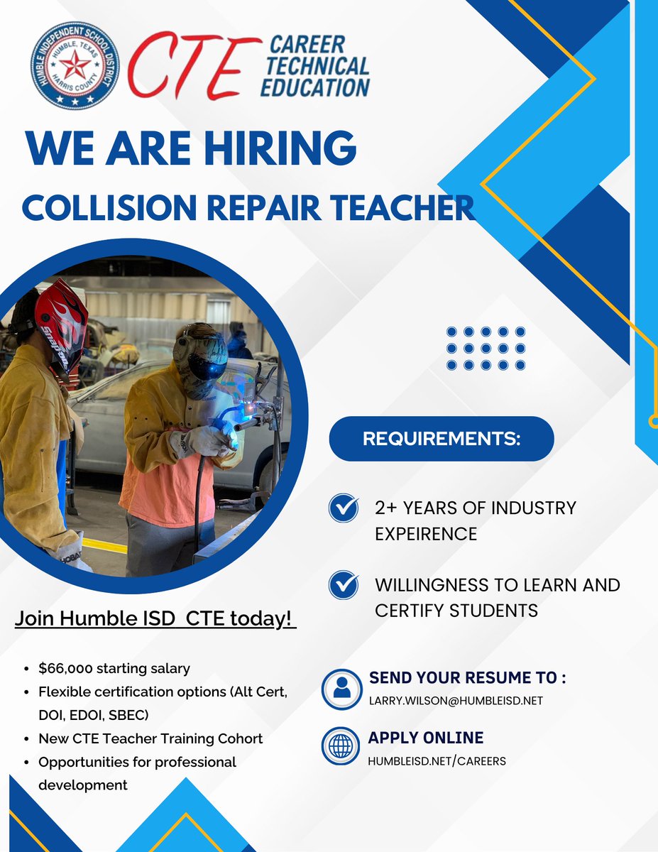 Humble ISD CTE (@humbleisd_cte) on Twitter photo Humble ISD is looking for a Collision Repair teacher. Apply today at humbleisd.net/careers <a href="/HumbleISD/">Humble ISD</a> <a href="/HumbleISD_KPHS/">Kingwood Park HS</a> Humble ISD is looking for a Collision Repair teacher. Apply today at humbleisd.net/careers <a href="/HumbleISD/">Humble ISD</a> <a href="/HumbleISD_KPHS/">Kingwood Park HS</a>