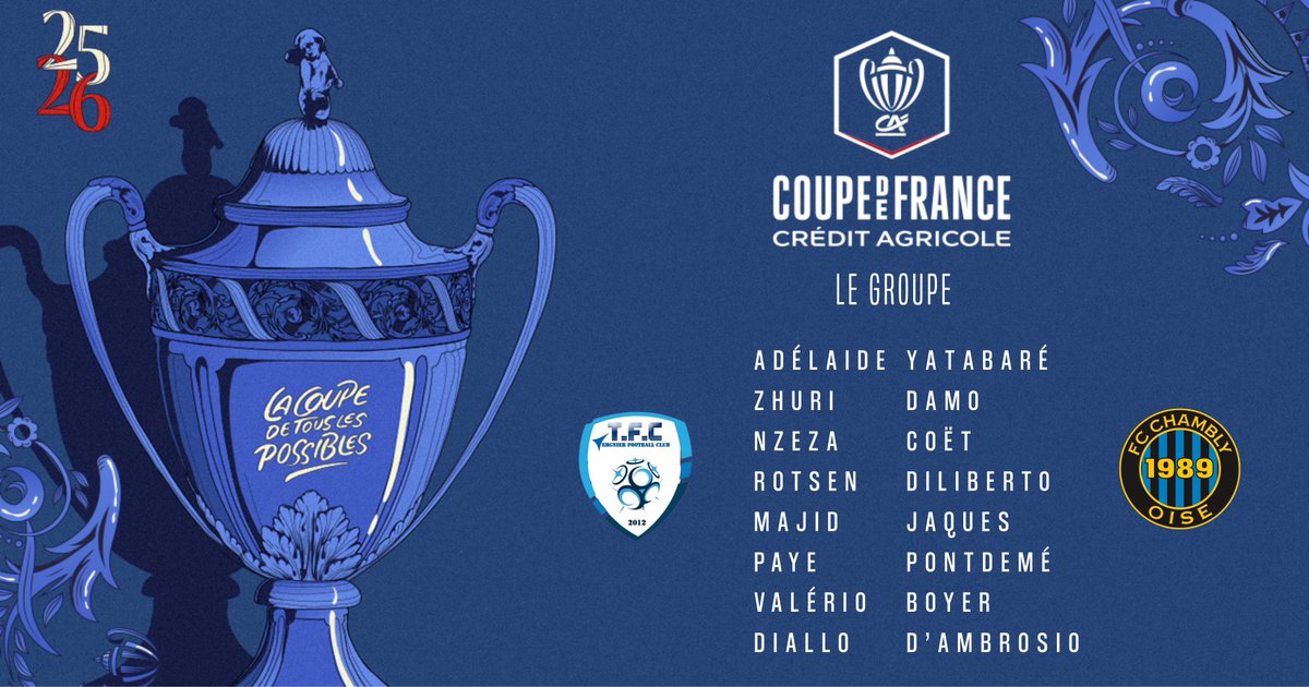 Découvrez le groupe de 16 joueurs retenu par le staff camblysien pour ce 4ème tour de Coupe de France ! 🖤🩵

Blessés : Pagerie, Petrilli, Kenneh, Da Veiga, Hugon
Malade : Vouama
Suspendu : Marques