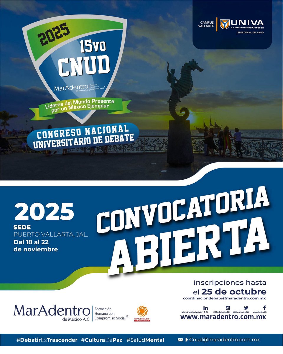 📢 ¡Recuerda que la convocatoria del 15° Congreso Nacional Universitario de Debate (CNUD) de Mar Adentro de México A.C. sigue abierta! 🌊⚖️

Tienes hasta el 25 de octubre para inscribirte. 🚨

🔗 cnud@maradentro.com.mx