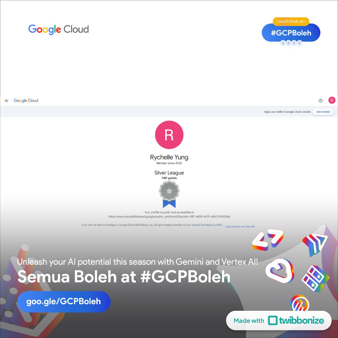 rychelleee's tweet image. Grateful to be part of #GCPBoleh Season 7! 
I’ve gained new AI skills with Gemini and Vertex AI.
As a first-time participant, I’m still learning, but I truly recommend this program to anyone eager to explore the potential of AI and cloud. 🚀

#GoogleCloud