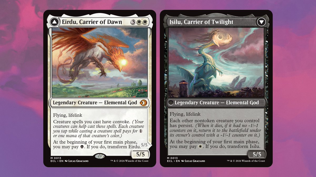 wizards_magic's tweet image. Creatures and characters in Lorwyn Eclipsed can change whether they are from Lorwyn or Shadowmoor. If only we had a mechanic that could do that!

The twin Elementals, Eirdu and Isilu! #MTGLorwyn