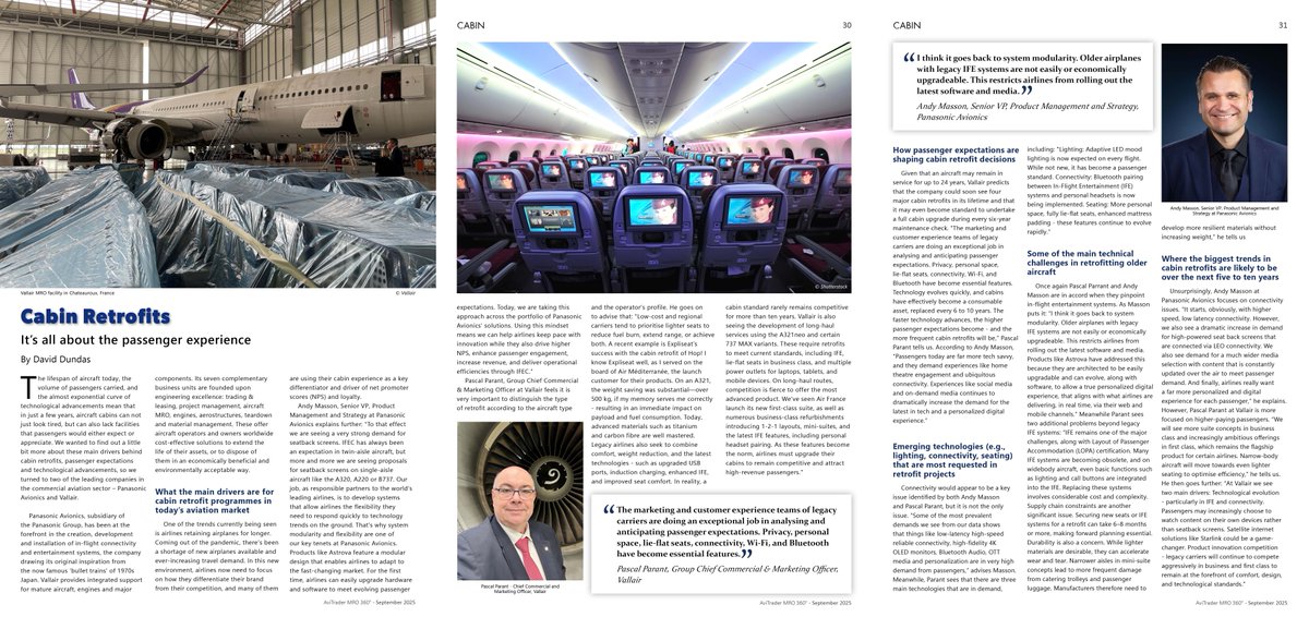 PanasonicAero's tweet image. Panasonic Avionics in AviTrader MRO 360! Our SVP, Andy Masson, on how passenger demands drive cabin retrofits says, "Legacy systems aren’t easily upgradeable – airlines need future-ready solutions."

Read: bit.ly/3KnBngM #Aviation #PassengerExperience