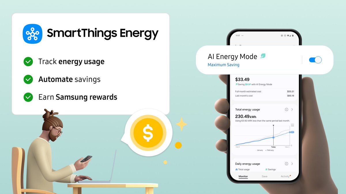 smartthings's tweet image. 60% of households are expected to use #smarthome tech to cut energy costs this year. Join them with #SmartThings Energy to track usage, automate savings, and earn @SamsungUS rewards for every 400Wh saved through AI Energy Mode. Download the app and start saving today.