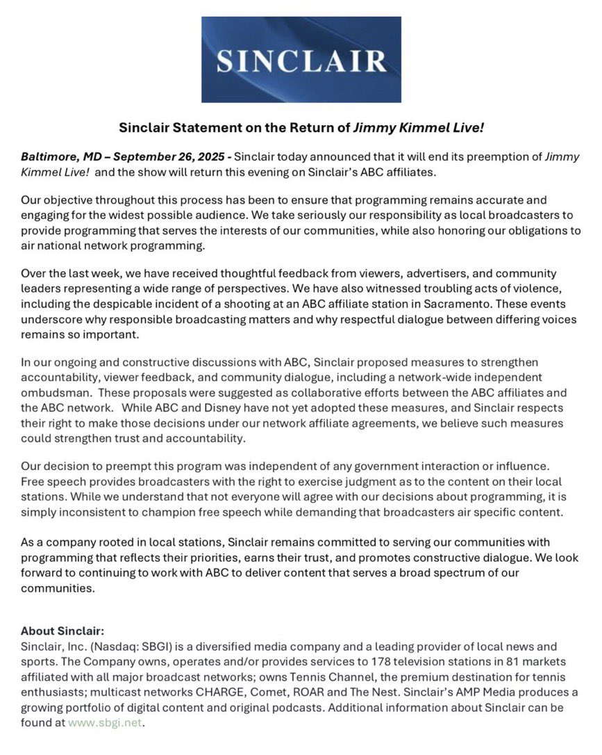 yashar's tweet image. BREAKING 

Sinclair Media says it’s ending the preemption of the Jimmy Kimmel show and that the show will start airing again this evening on Sinclair stations.