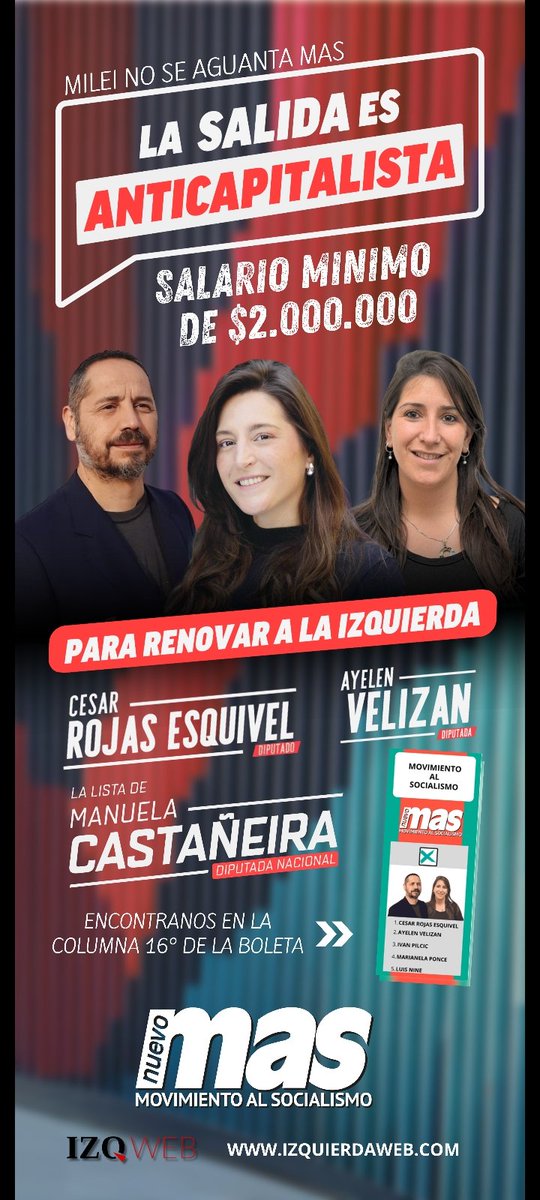 CesarRojasok's tweet photo. 📣 En Santa Fe vamos con la lista que encabezo con @AyelenVelizan para diputados nacionales

🔥 Milei no se aguanta más. La salida es anticapitalista. Vamos por un salario mínimo de $2.000.000.

✊️ Para renovar a la izquierda votá al Nuevo MAS, la lista de Manuela Castañeira. https://t.co/gYWmtJkUYo