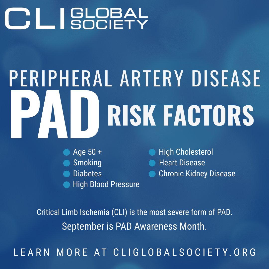 CLI_Global's tweet image. Many patients with Peripheral Artery Disease (#PAD) are asymptomatic. Early diagnosis is key to avoiding progression to Critical Limb Ischemia (#CLI), amputation, or death. Who is at risk?

#PADAwarenessMonth #CriticalLimbIschemia

Source: ow.ly/OiCm50X0qwj