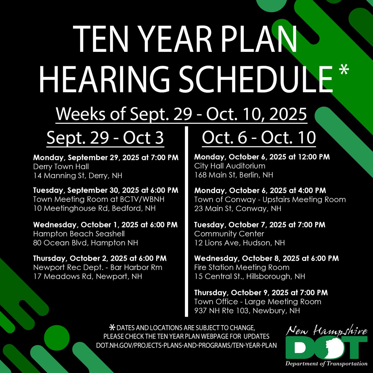 NewHampshireDOT's tweet image. 🚧 Ten-Year Plan Hearings: Sept 29 - Oct 10! Join us for feedback on the 2027–2036 plan. Details: dot.nh.gov/projects-plans… 
#ProudToBeNHDOT #TenYearPlan #GACIT