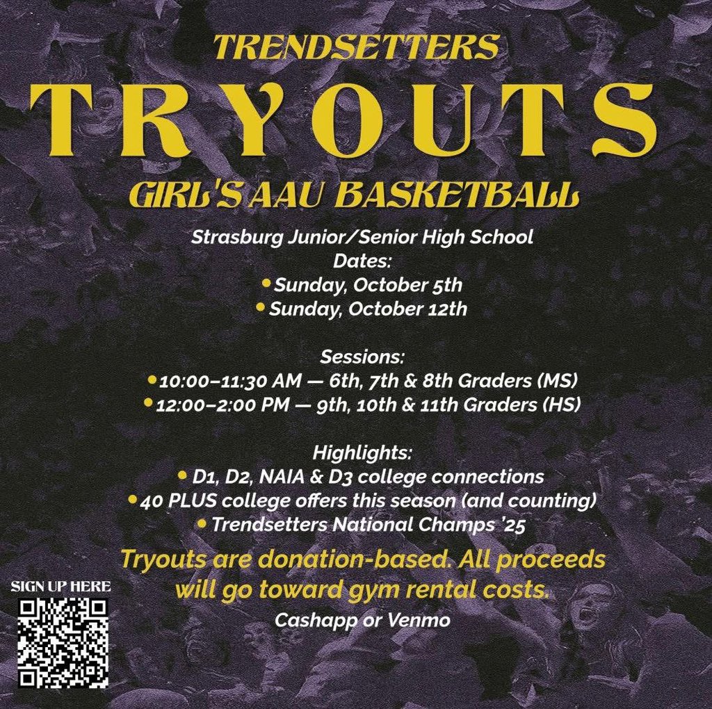 Girls AAU Tryouts – 2026 Season

✅ HS teams practice Sundays | MS teams practice weekdays
✅ Open to female athletes from OH, KY, WV, PA, MI &amp; IN
✅ Looking for hardworking, coachable players who LOVE the game 💜

📲 Scan the QR code to register!
💸 Tryouts are FREE