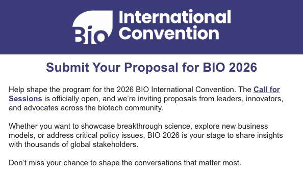 BioNJ_Org's tweet photo. Call for Sessions Now Open: Submit Your Proposal for BIO 2026
https://t.co/3qrc2n8Yve

#Bio2026 #BiotechConference #CallForProposals #LifeSciences #BiotechInnovation #BiotechLeaders #BioConvention https://t.co/UB9UJ00tNQ