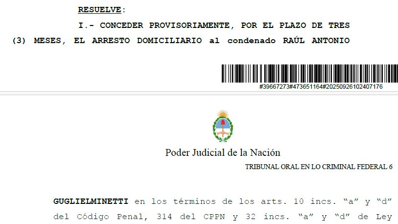 El TOF6 otorgó prisión domiciliaria al represor Raúl Guglielminetti.  A priori, la medida es por tres meses. 

Guglieminetti es quien les dio a los diputados de LLA que los visitaron en Ezeiza un sobre con ideas para extender la prisión domiciliaria para los presos de lesa.