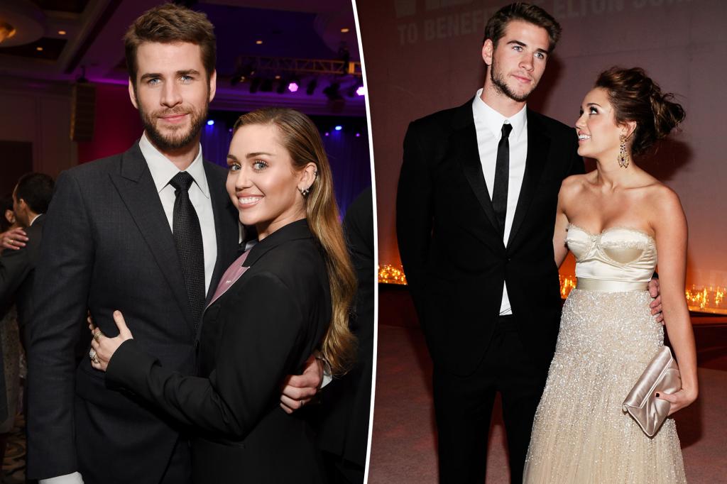 Miley Cyrus and Liam Hemsworth standing close together, smiling. Miley Cyrus wears a strapless, glittery beige dress and holds a metallic clutch. Liam Hemsworth is in a black suit with a white shirt and black tie. In another image, they are similarly dressed, standing together at an event with candles in the background.