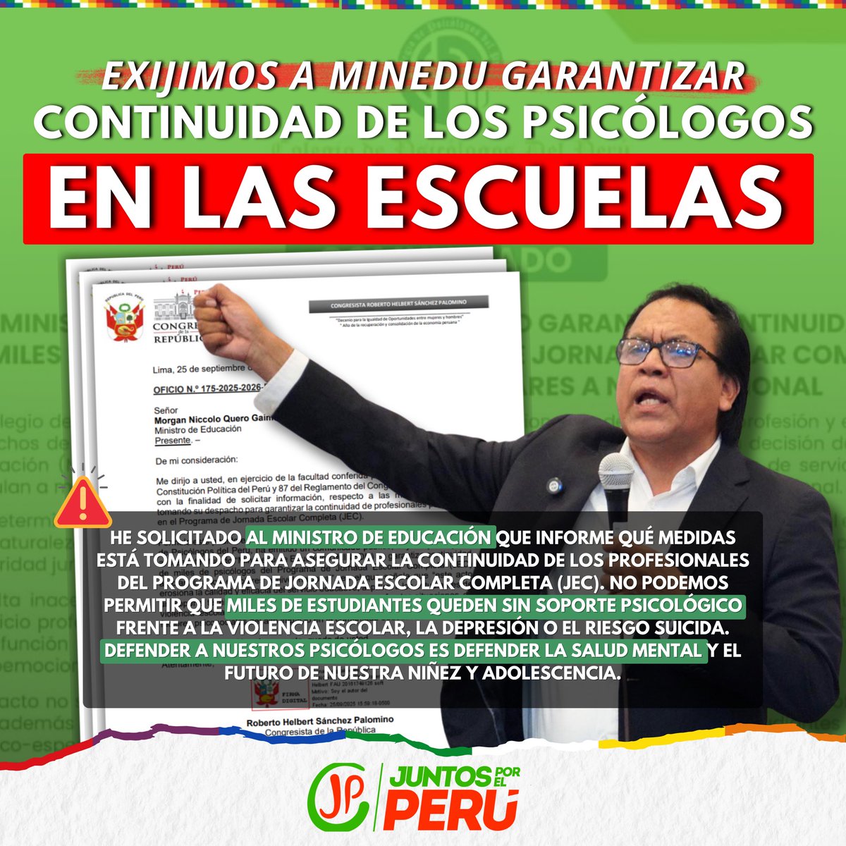 RobertoSanchP's tweet photo. 𝐄𝐱𝐢𝐣𝐨 𝐚𝐥 𝐌𝐈𝐍𝐄𝐃𝐔 𝐥𝐚 𝐜𝐨𝐧𝐭𝐢𝐧𝐮𝐢𝐝𝐚𝐝 𝐝𝐞 𝐥𝐨𝐬 𝐩𝐬𝐢𝐜𝐨́𝐥𝐨𝐠𝐨𝐬 𝐞𝐧 𝐥𝐚𝐬 𝐞𝐬𝐜𝐮𝐞𝐥𝐚𝐬

#ALERTA | Como psicólogo y congresista, he pedido al @MineduPeru garantizar la permanencia de los profesionales del Programa JEC. La salud mental no puede ser vista como un gasto prescindible. Miles de estudiantes necesitan acompañamiento frente a la violencia, la depresión y el riesgo suicida. Defender a los psicólogos es defender el derecho de nuestros niños y adolescentes a una educación integral.

#Psicología #Psicologos #Minedu #Alerta #Colegios