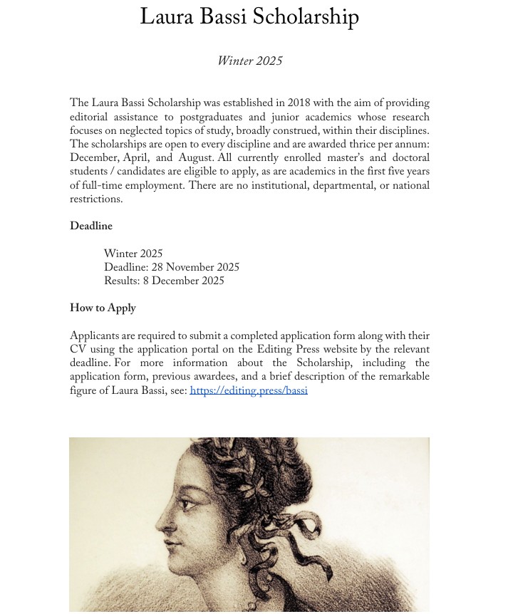 ClassicalAssoc1's tweet image. Laura Bassi Scholarship
Editorial grants for PhDs and ECRs. Any discipline. Deadlines below: editing.press/bassi