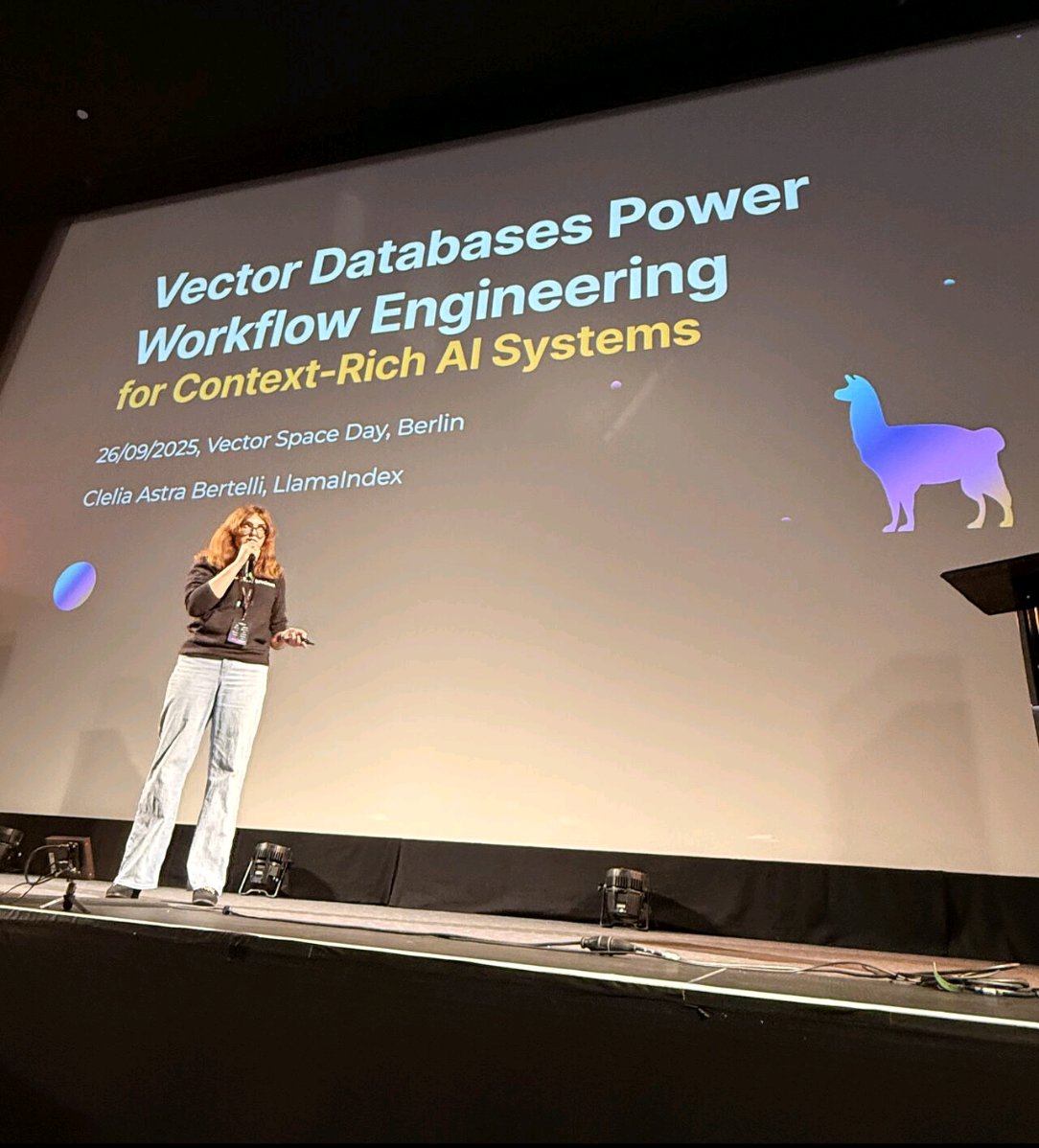 itsclelia's tweet image. I was at Vector Space Day in Berlin today, and it was nothing short of incredible.
So many people, an amazing energy, a wonderful location and awesome talks!
I got the opportunity of being among the speakers, and talking about how you can use @llama_index workflows in combination…