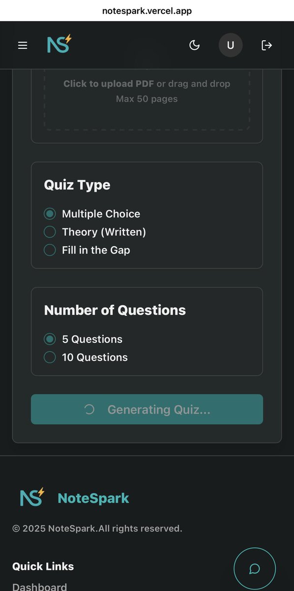 note_spark1's tweet image. With NoteSpark, your notes turn into interactive quizzes:
 - Pick your quiz type
 - Test yourself &amp;amp; see where you went wrong
 - Get instant explanations from your own notes
 - Track scores over time to measure progress 📊

Smarter study, less stress.