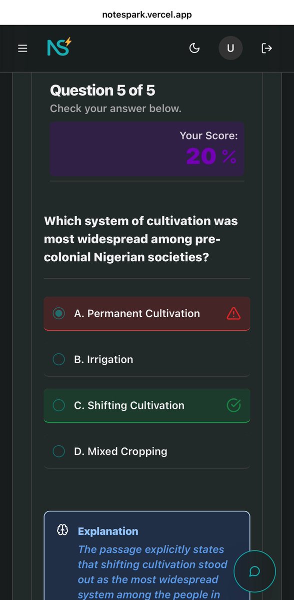 note_spark1's tweet image. With NoteSpark, your notes turn into interactive quizzes:
 - Pick your quiz type
 - Test yourself &amp;amp; see where you went wrong
 - Get instant explanations from your own notes
 - Track scores over time to measure progress 📊

Smarter study, less stress.