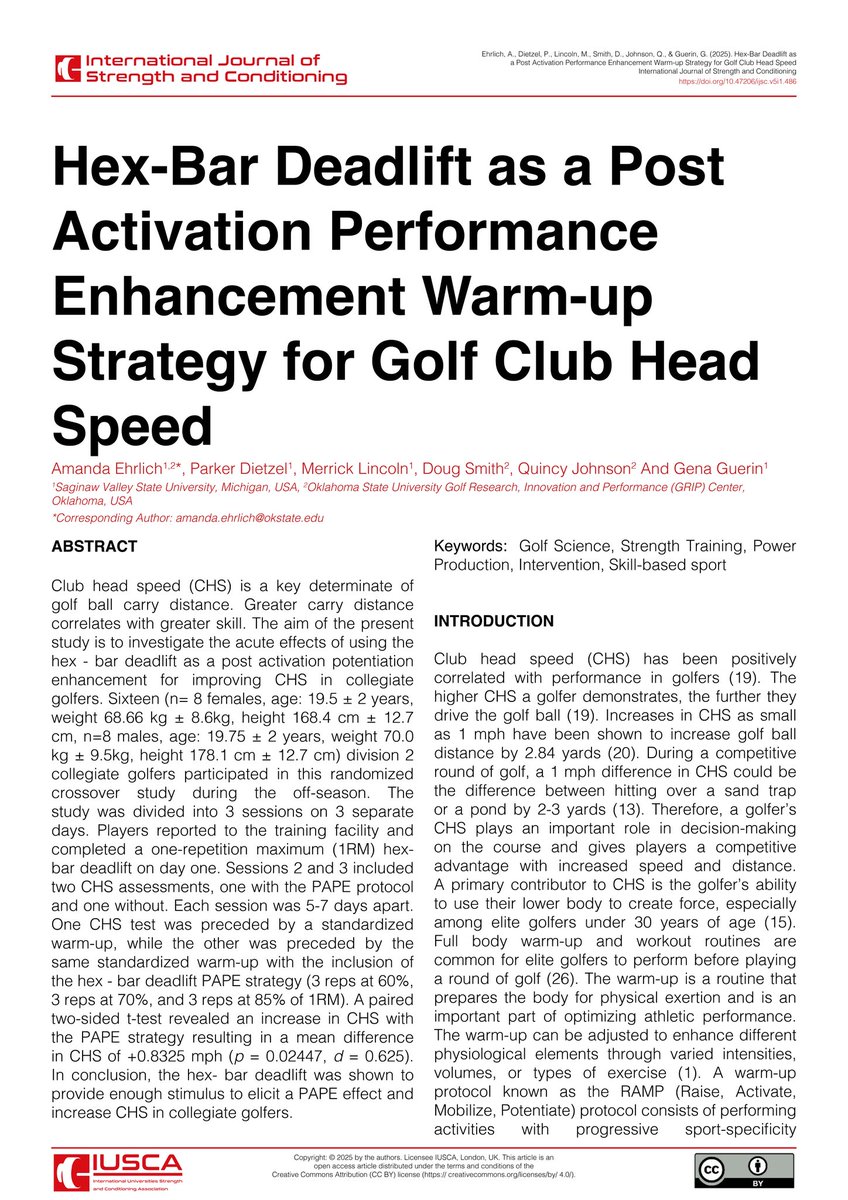 🚨Published Today🚨

Hex-Bar Deadlift as a Post Activation Performance Enhancement Warm-up Strategy for Golf Club Head Speed

By Amanda Ehrlich, Parker Dietzel, Merrick Lincoln, Doug Smith, Quincy Johnson, Gena Guerin

📲Hit the link below to read the full article for 🆓🔓