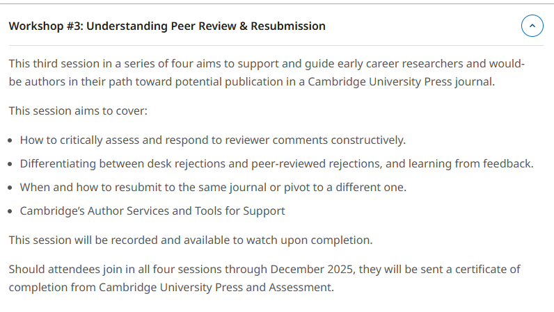 biblioUPM's tweet image. #Workshop3 : Understanding Peer Review &amp;amp; Resubmission #TallerdeAutores @CambridgeCore para #PDI @laUPM : miércoles 12/11 a las 12 PM : inscripción : [short.upm.es/946yh] #somosUPM #EELISAlibrary #CESAERlibrary