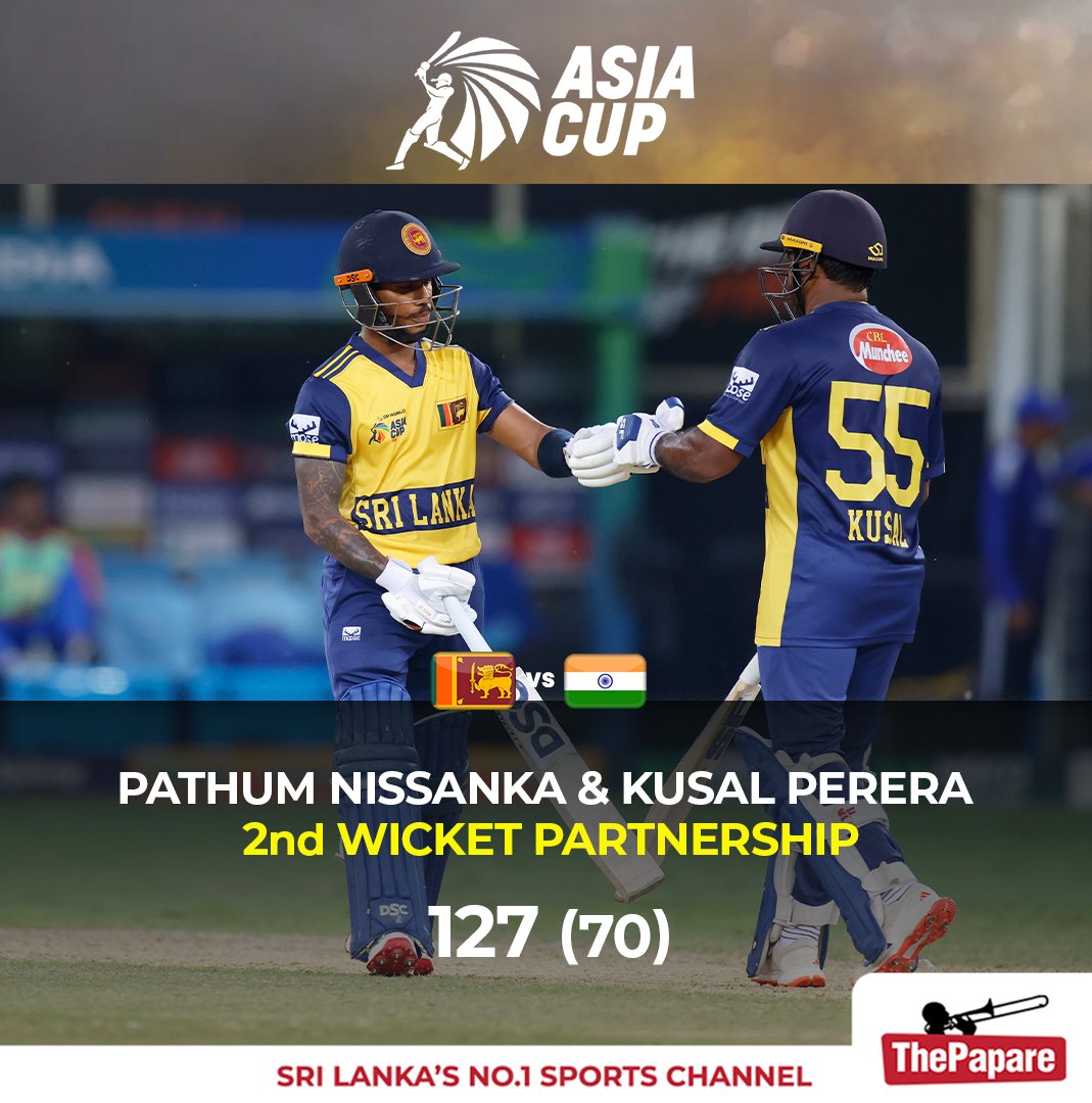 ThePapareSports's tweet photo. Nissanka and Perera construct the highest-ever partnership in T20 Asia Cups, bettering the previous best of 119 runs added by Virat Kohli and KL Rahul against Afghanistan in 2022 💥🏏

Catch every thrilling moment of the Asia Cup 2025 LIVE on the Dialog ViU+ App! https://t.co/j2G7YpKSNi