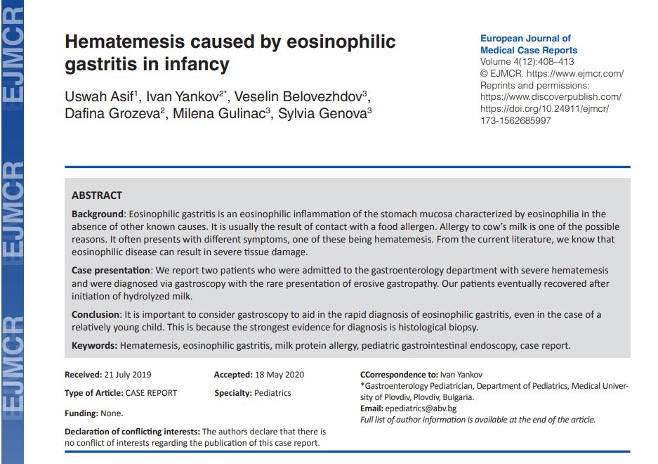 🚨 Severe hematemesis in infants isn’t always obvious in cause.

Case report: 2 babies with eosinophilic gastritis linked to cow’s milk allergy.

🔎 Diagnosis: gastroscopy + biopsy
✅ Recovery: switch to hydrolyzed milk
👉 Early gastroscopy can be life-saving.

🔗