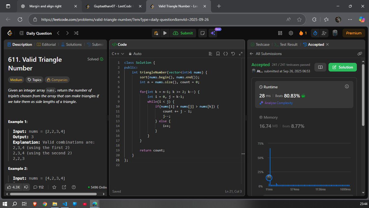guptaAtharv07's tweet image. Day 18 of #100DaysOfCode ✅
-Added a spinner to my React project using components.
-Solved today’s POTD; it was almost the same as 3Sum.

With mid-terms coming up, I won’t be able to focus on dev. I’ll pause dev posts until 6th October and dedicate just an hour a day to DSA.
#DSA