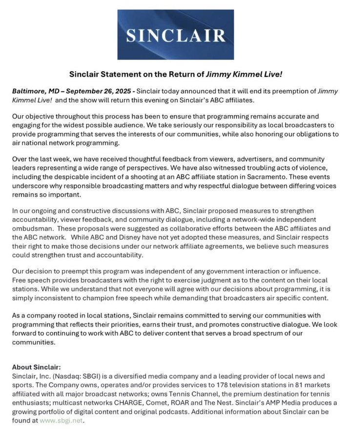 MeidasTouch's tweet photo. BREAKING: Sinclair FOLDS and ends its preemption of Jimmy Kimmel Live! The show will return tonight on Sinclair's ABC affiliates. https://t.co/iMN75VVfld