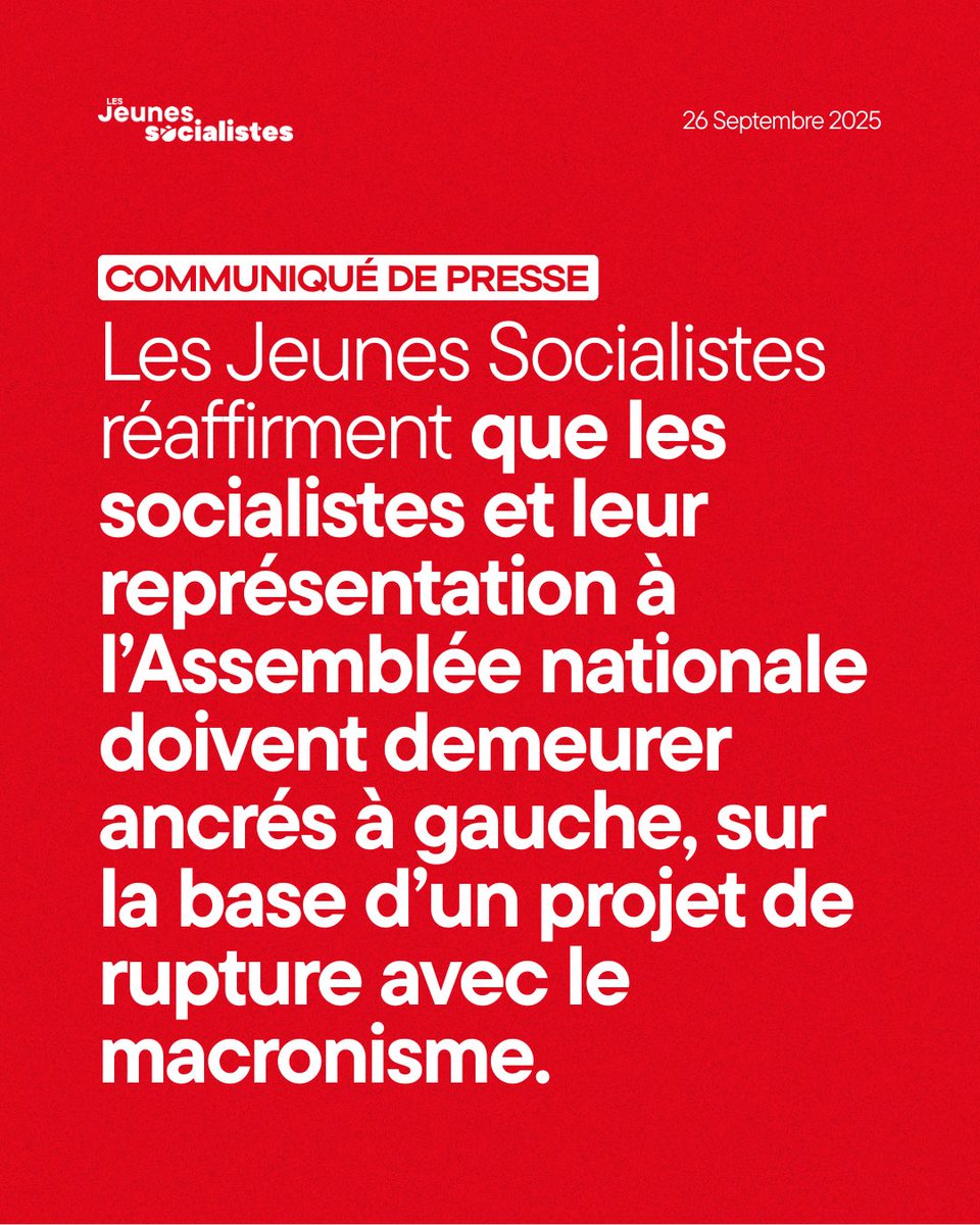 Les Jeunes Socialistes réaffirment  que les socialistes et leur représentation à l’Assemblée nationale doivent demeurer ancrés à gauche sur la base d’un projet de rupture avec le macronisme !

Retrouvez notre communiqué de presse adopté en Bureau national
lesjeunes-soc.fr/communiqu_de_p…