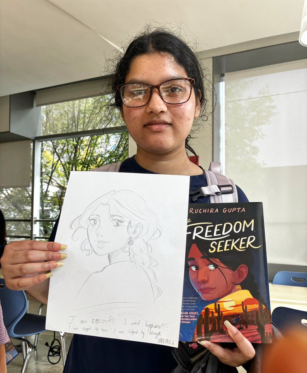 After my talk at <a href="/QPLNYC/">Queens Public Library</a> in Jamaica, this young Bangladeshi girl created this beautiful drawing and wrote her own short story inspired by The Freedom Seeker. She wrote her name in Bengali and her story in English — carrying both languages, both parts of herself, into her art.