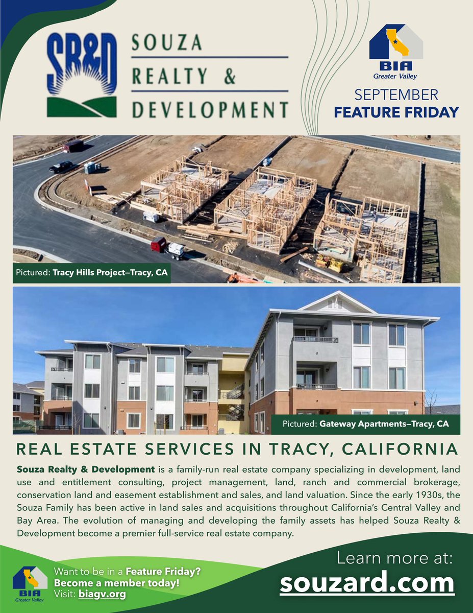 Our September #FeatureFriday is Souza Realty &amp; Development!

We're grateful to have Souza Realty &amp; Development, a premier family-owned full-service real estate company based in Tracy, as a BIA GV member!

Visit: souzard.com