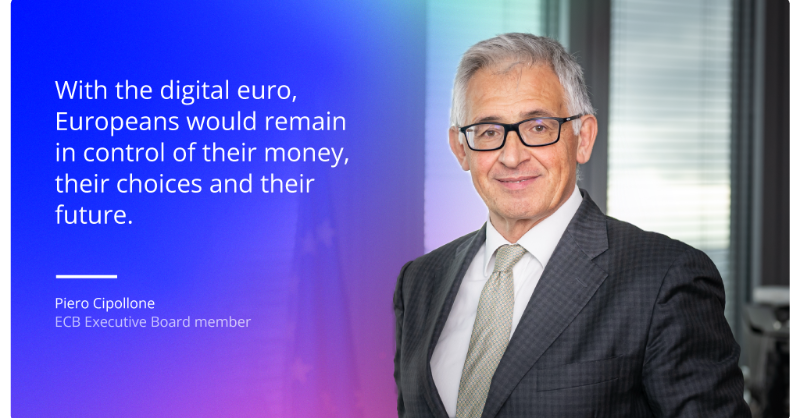 ecb's tweet photo. The digital euro keeps you in control of your money, your choices and your future in an increasingly fragmented world, says Executive Board member Piero Cipollone.

A digital form of cash can protect Europe’s freedom, autonomy and security in the digital age.