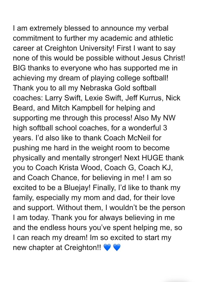 Excited to be a Bluejay!! #GoJays 
<a href="/NebraskaGold/">Nebraska Gold</a>
<a href="/BluejaySoftball/">Creighton Softball</a> 
<a href="/CoachKristaWood/">Krista Wood</a> 
<a href="/GarrettFurnal/">Coach G.</a> 
<a href="/coachcolomb/">Chance Colomb</a> 
<a href="/KjirstynNicole/">Kjirstyn</a> 
<a href="/GINWSoftball/">NW Softball</a> 
<a href="/NebraskaGold09s/">Nebraska Gold '09 National</a>
