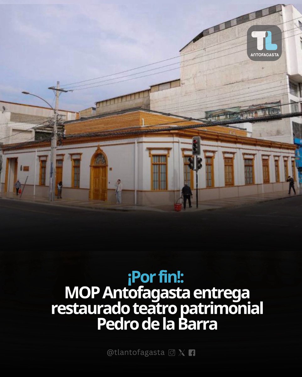 TLAntofagasta's tweet photo. #Antofagasta | ¡Por fin!: MOP entrega restaurado teatro patrimonial Pedro de la Barra

Las obras de restauración del teatro Pedro de la Barra contemplaron la recuperación integral del inmueble y la ampliación de su superficie para construir áreas complementarias. En total el recinto cuenta con una superficie de 780 m2, distribuidos en tres niveles más subterráneos.

https://t.co/kbMgCoC46g
