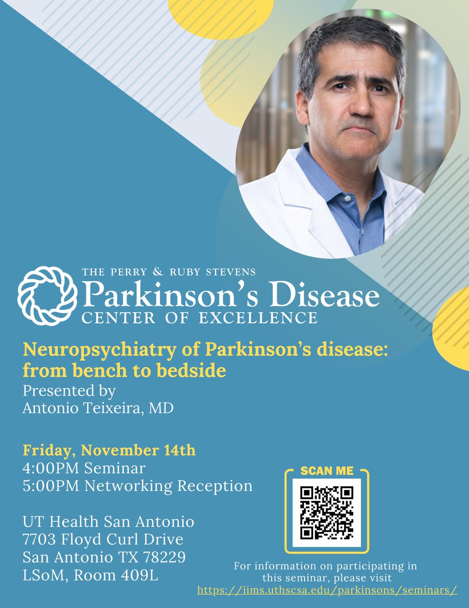 Stevens Parkinson's Disease Center of Excellence (@parkinsonscoe) on Twitter photo 📢We invite clinicians, researchers, patients, caregivers, and community members to attend our upcoming seminar. The series is part of our outreach and education efforts to share advances in Parkinson’s disease research and care. #Parkinsonsdisease 
iims.uthscsa.edu/parkinsons/sem… 📢We invite clinicians, researchers, patients, caregivers, and community members to attend our upcoming seminar. The series is part of our outreach and education efforts to share advances in Parkinson’s disease research and care. #Parkinsonsdisease 
iims.uthscsa.edu/parkinsons/sem…