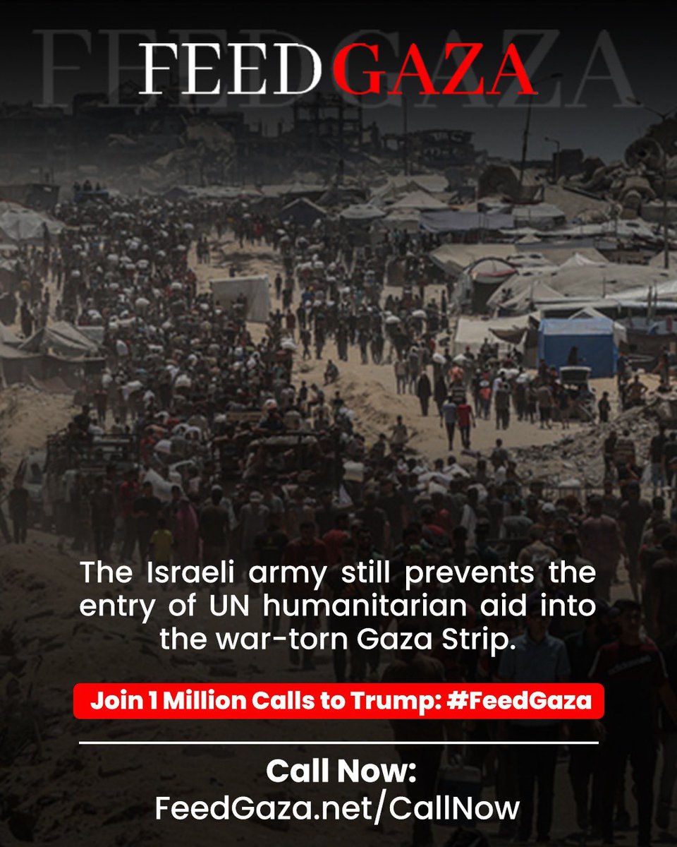 FeedGazaNet's tweet image. 🚫🍞 The Israeli army still blocks UN humanitarian aid from entering war-torn Gaza.

🧒💔 Children are starving. Families are suffering.

📞 You can urge the President @realDonaldTrump @POTUS to act ➡️ feedgaza.net/callnow/