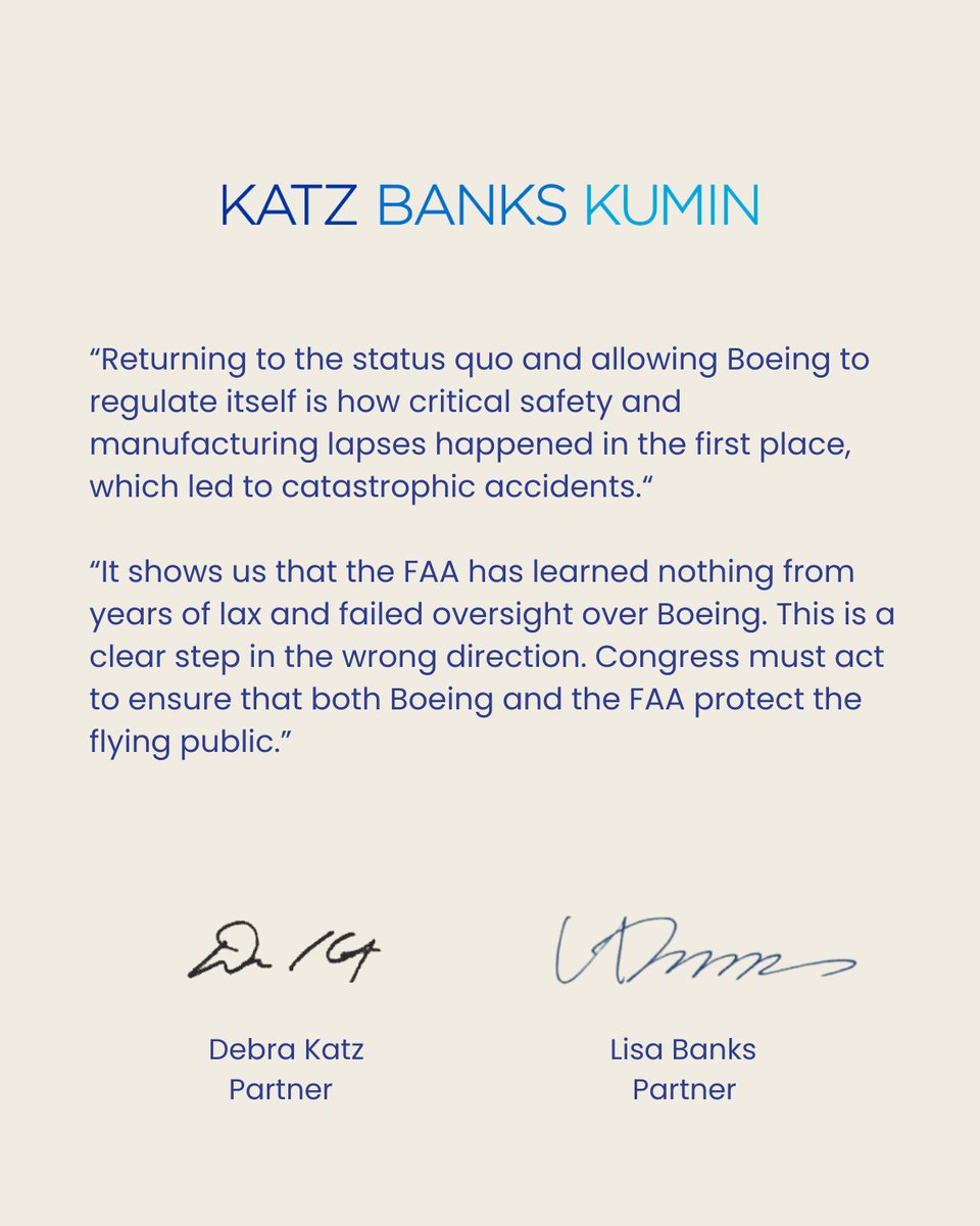 katzbanks's tweet photo. Attorneys @DebraKatzKBK  and @LisaBanksKBK  issued a statement today following @AndrewTangel's  reporting that the FAA will allow Boeing to resume authority over critical safety checks on its 737 MAX aircraft. Statement ⬇️ https://t.co/NIBcF0uh5W