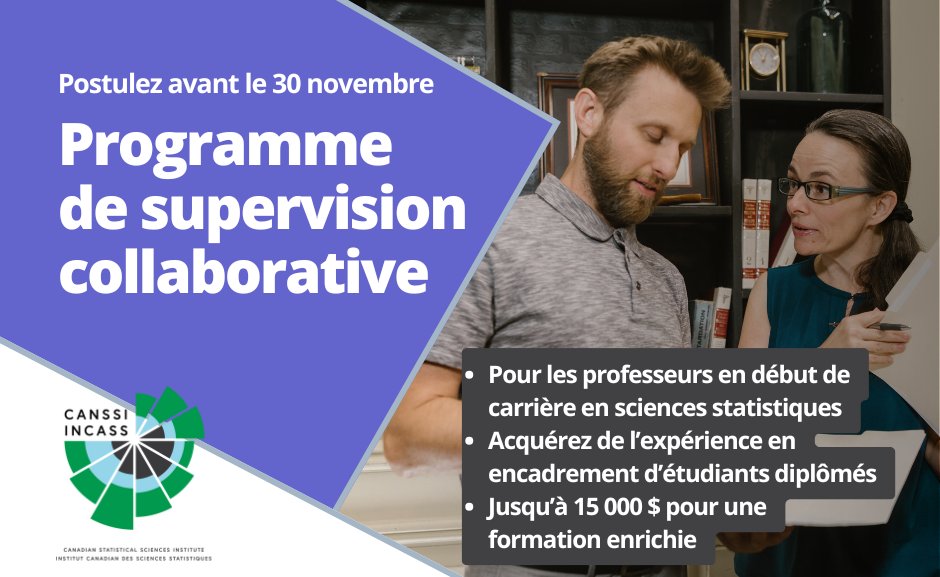 Professeurs en début de carrière en #sciencesstatistiques!

Avec le Programme de supervision collaborative de l’INCASS, co-encadrez un·e étudiant·e diplômé·e avec un professeur chevronné et obtenez jusqu’à 15 000 $ pour sa formation.

loom.ly/k4I0E6k <a href="/CRM_Montreal/">Centre de recherches mathématiques (CRM)</a>