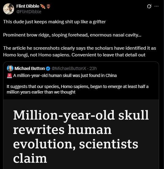 I do love the internet. A new video from <a href="/MichaelButtonX/">Michael Button</a>, and a now hilarious post (from before this latest video) by <a href="/FlintDibble/">Flint Dibble 🍖🏺</a> ,  a pretend archaeo who is now a sh#t tuber.
youtu.be/BbXFL3yIEtw?si…