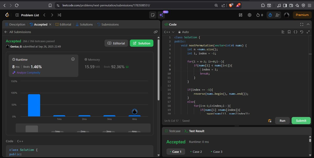 codewithGenZ's tweet image. Day 85🚀: #100daysofcode : #GeeksforGeeks
Today i solved problem on #Leetcode
-Next Permutation (Med.)
#Cpp_language #100daysofchallenge #codinglife #LearnInPublic #learnprogramming #programmer #coder #CodingJourney #codewithGenZ #BuildYourself #Hackathon #Genius #ProblemSolving